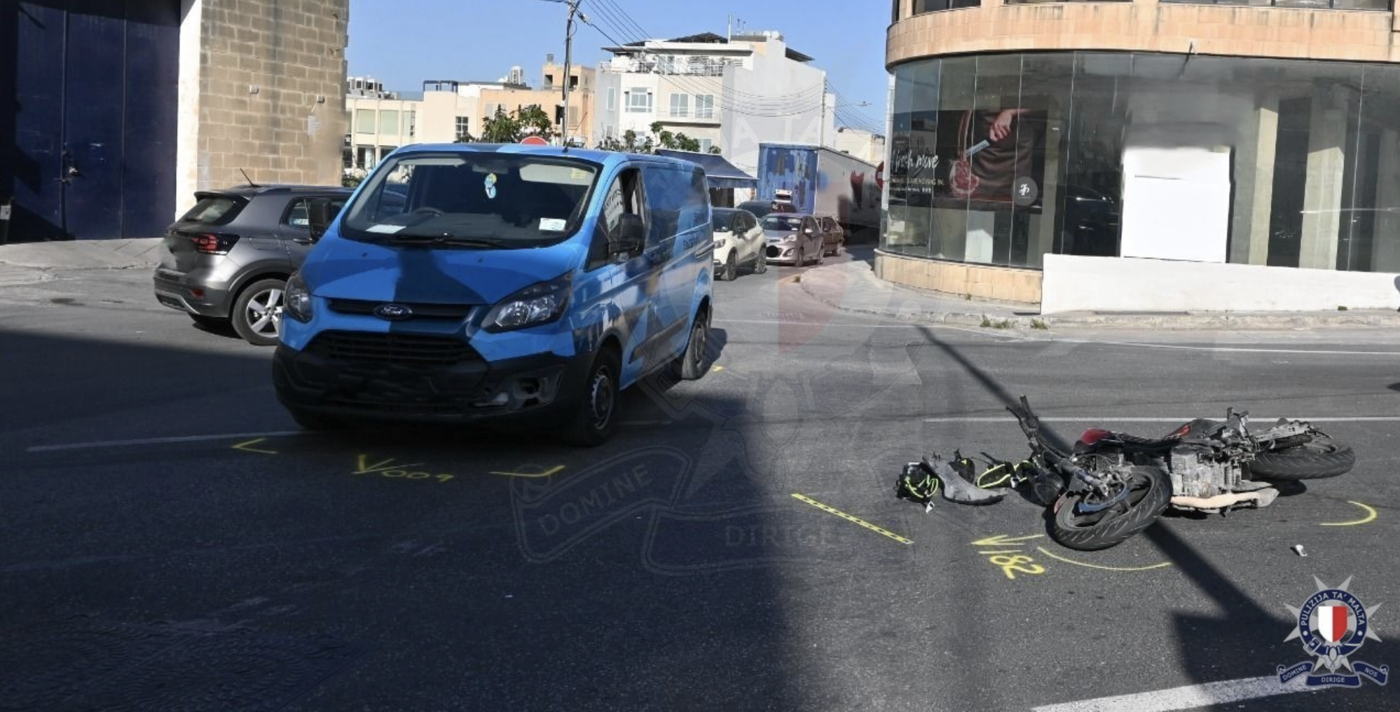 Motorcyclist grievously hurt after being hit by a van